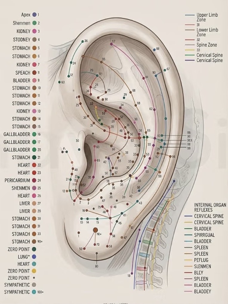 Auricular microsystem chart showing acupuncture points on the ear